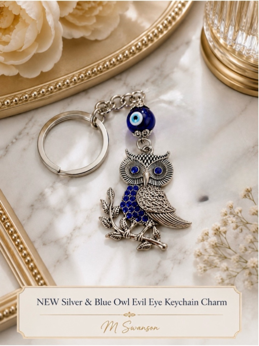 NEW Silver & Blue Owl Evil Eye Keychain Charm NWT